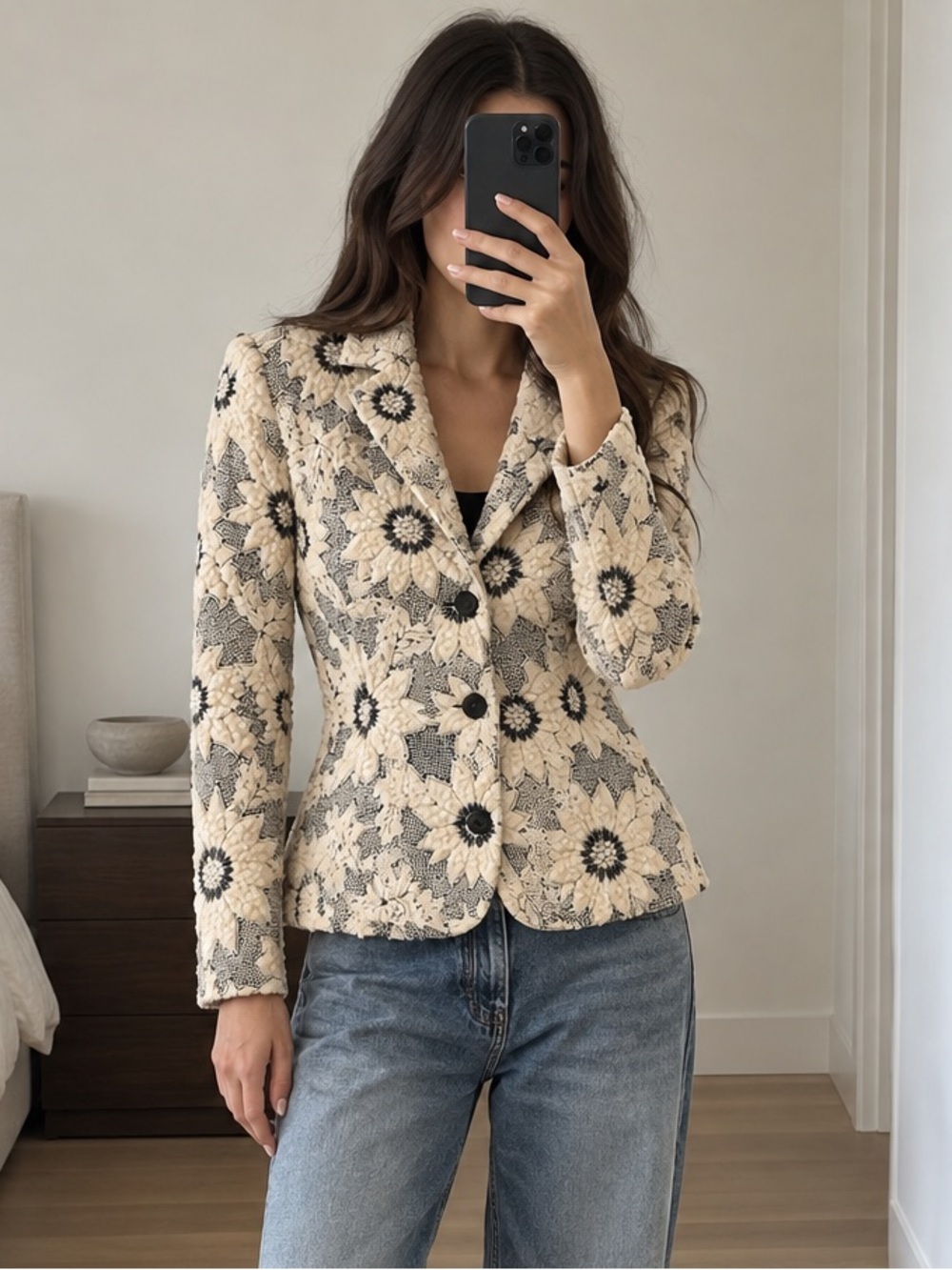 Zara Floral Textured Blazer Ecru Black Embroidered Long Sleeve Jacket M NWT